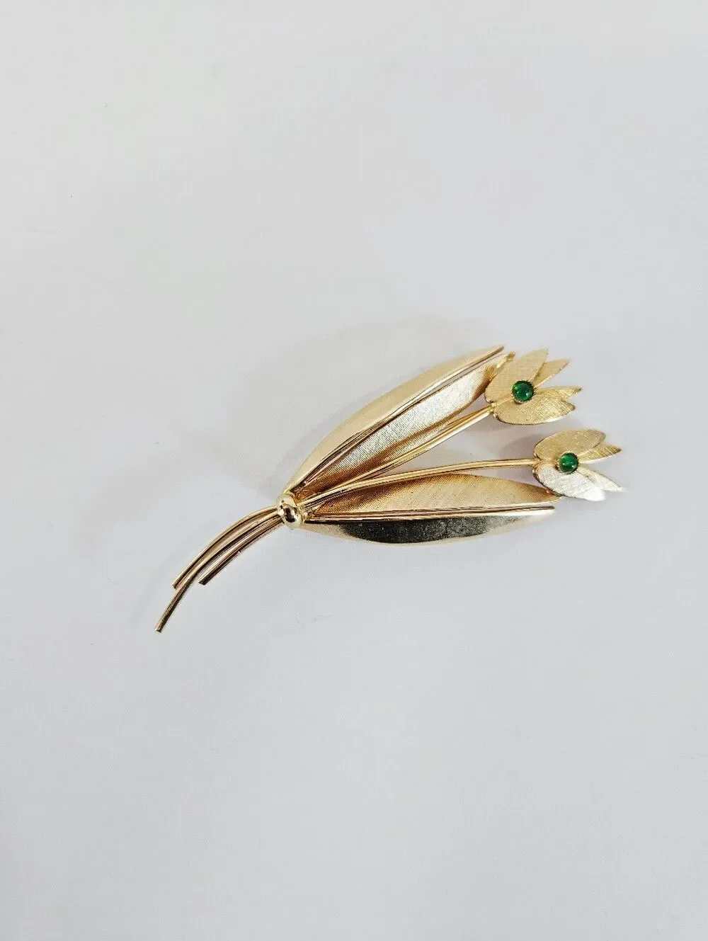 Vintage Signed Brasil Gold Tone Large Floral Sprig Green Stone Accent Brooch Pin